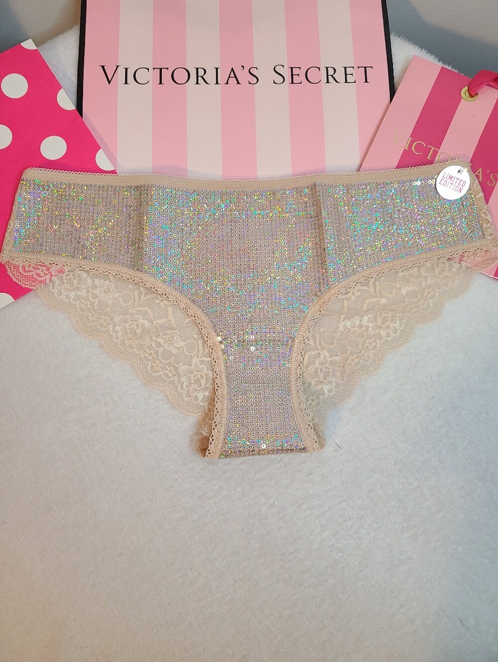 VTG VS PINK Limited Edition Sequin Bling Lace Back Low Rise Hipster Panty Lg